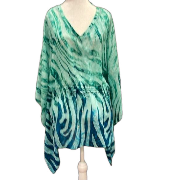 Jones New York Signature L green/blue batwing silky cinched waist top - Picture 1 of 11